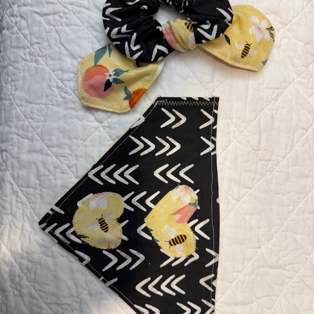 Dog and owner Black and Yellow Hair Scrunchie/Bandana Set